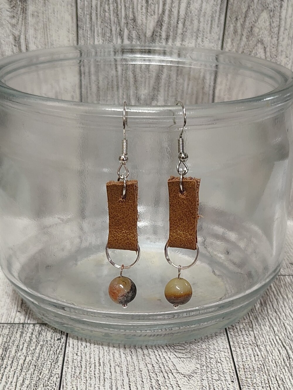 Earrings Handmade Leather And Jaded Bead Design